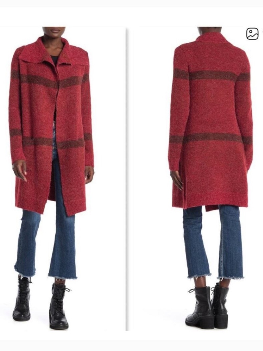 Cyrus | Women’s Red/Brown Stripes Open Front Long Line Fuzzy Cardigan Sweater M